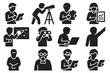 © Galina - Astronomer Icon Set. Solid style icons of astronomers: scientist with notebook, stargazer with telescope, researcher with