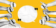 © accogliente - Trendy Halftone Collage Speech bubble messages and Hands with like and dislike gestures. Online feedback. Social media communication and discussion. Contemporary vector illustration art