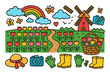 © Viacheslav - Colorful Tulip Wonderland. Tulip fields. Colorful Hand-drawn doodle Children illustration Tulip fields rows of tulips, windmill, walking path, rainbow, hat,