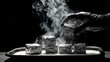 © Juan - Hand serving smoking grilled meat on black background