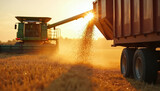 Harvester machine unloads grain into truck trailer during sunset in golden farm field. Rural agriculture operation with combine tractor loading crop harvest for transportation.