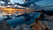 © Juan - Man sitting on rocks watching lake sunset reflection with dramatic clouds for emotional travel adventure and inspirational moment photography