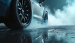 © Vadym - Car tires spin on wet asphalt producing smoke and steam. Dramatic low angle view captures intense motion and rubber friction. Vehicle performs aggressive maneuver under cloudy sky.
