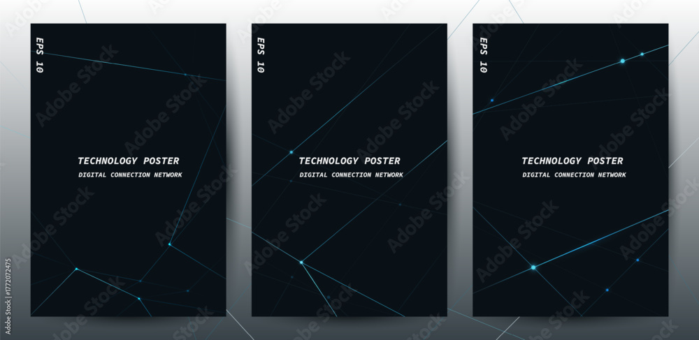 Futuristic digital blue line technology poster set, glowing lines ...