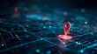 © irawan - Illuminated location marker stands prominently on a digitally rendered map network in dark tones