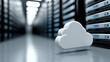 © DJSPIDA FOTO - Cloud icon in data center aisle conveying secure network storage and modern infrastructure with cool blue lighting and reflective floor