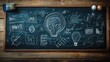 © istia - Chalkboard with a light bulb drawing and other doodles, on a wooden background.