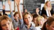 © Kai - Engaging classroom learning students raise hands for participation school setting educational environment inside view active learning