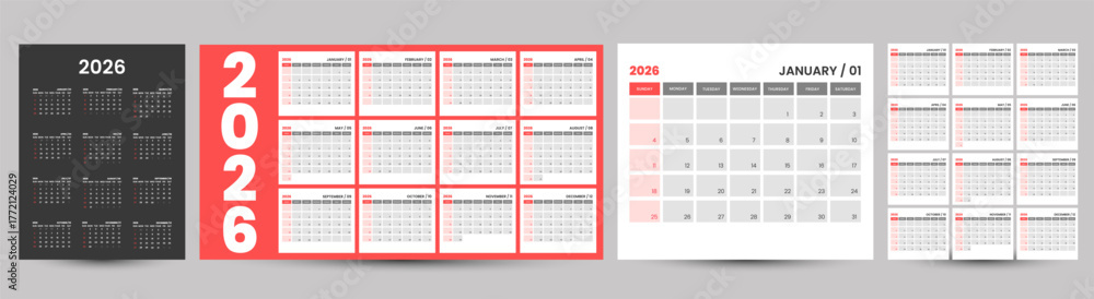 editable minimal calendar design 2026. Week starts on Sunday. Place for ...