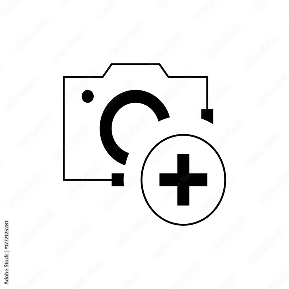 Illustration of a camera icon with a plus sign indicating adding a new ...