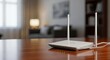 © Von - A white router with antennas on a wooden table in a living room.