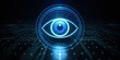 © UN Digital Art - Cyber scammer hacker protection. Futuristic eye design with digital circuits and glowing elements.