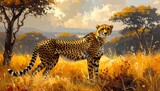 Cheetah gazes in golden savanna landscape