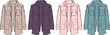 © Arman - Fashionable women's outerwear collection featuring four distinct jacket styles in pastel shades of beige, purple, pink, and teal