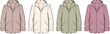 © Arman - Technical flat fashion sketches of various casual hooded parkas and jackets in a range of colors, ideal for outerwear design and garment development projects