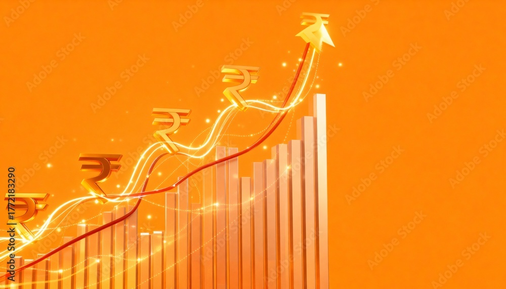Rupees Rising Indian Rupee currency symbol on a rising financial bar chart with an ...