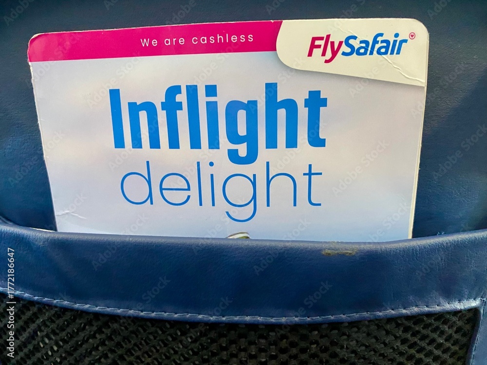 Johannesburg, South Africa - a FlySafair inflight menu in a seat pocket ...