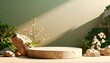 © Jilan - Serene product platform setup with natural stones, plants, and soft lighting