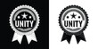 © Vectoravec - A black and white illustration of a circular badge with the word unity in the center and stars above, set against a black background and a white background