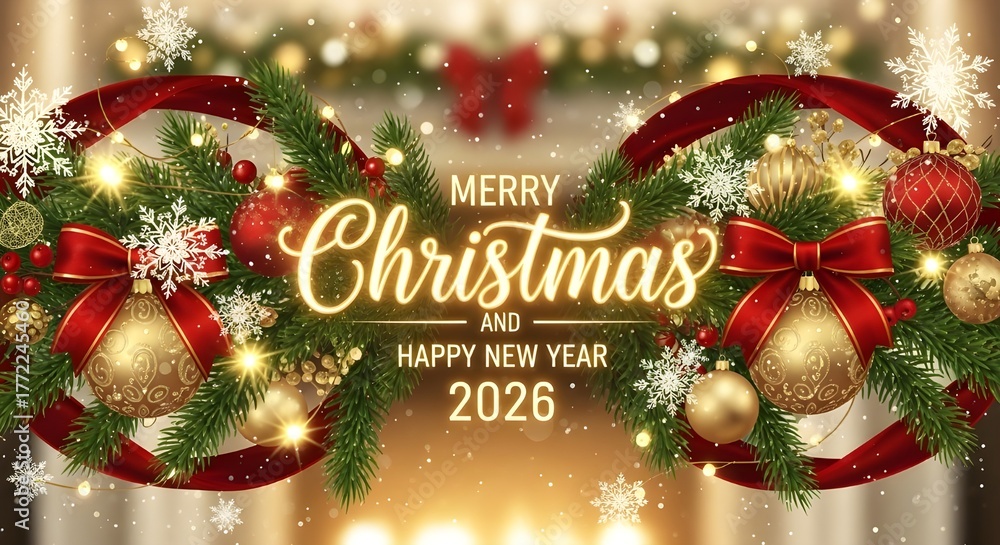 Merry christmas and happy new year 2026 with festive decorations and golden ornaments Stock Photo | Adobe Stock