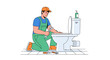 © Albina - Plumber repairing a toilet in a bathroom, showcasing plumbing skills and maintenance work