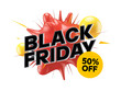 © Kornal - Black friday sale with 50 off discount, promotional graphic with red splash and yellow spheres isolated on transparent background