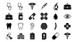 © Steven - A comprehensive set of monochrome medical icons for healthcare services, including symbols for pharmacy, surgery, and diagnostics on a white background
