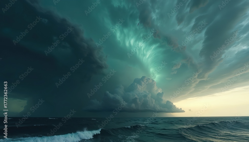 Massive storm cloud formations above a turbulent ocean sea. Waves crash ...
