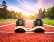 © Bim - Running shoes lined up on a track, with setting sun in the background