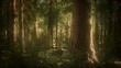 © icetray - Sunlight shines through towering trees, casting soft shadows on the forest floor. Ferns and underbrush create a serene atmosphere in this peaceful woodland setting. Natural beauty abounds.