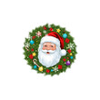 © Khairul - A cheerful cartoon Santa Claus face smiling from the center of a festive Christmas wreath.