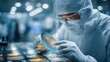 © Old Man Stocker - Microchip fabrication process with technician examining semiconductor wafer in cleanroom environment