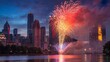 © hamza - Vibrant fireworks explode over a modern cityscape at dusk reflecting brilliantly in the calm waters below