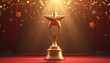 © Viktor - Golden star trophy stands on red carpet stage. Bright spotlight illuminates shining gold award. Red velvet curtains, sparkling bokeh lights decorate grand background. Success, win, achievement,