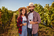 © Stockphotodirectors - A couple stands happily in their vineyard holding wine glasses. They are surrounded by vibrant grapevines under a clear blue sky, showcasing their passion for winemaking.
