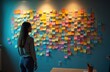 © Viktor - Woman stands thinking at wall with sticky notes. Female considers many diverse options, ideas, tasks. Brainstorming session for business strategy, planning. Making decision, project management.
