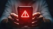 © J.G Studio - Person holding a smartphone displaying a red warning sign in a dimly lit environment indoors
