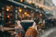 © ant - person holding coffee cup outside café with snowflakes falling, warm scarf and nostalgic vibe
