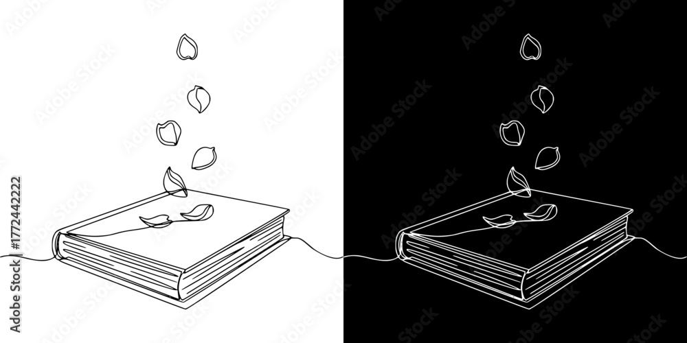Closed book with petals falling on it from above, minimalist style ...