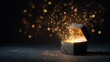 © Tima - A black gift box opens, releasing golden sparkles into the air. The background is dark, enhancing the magical effect of the glowing particles.