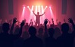 © li - vector silhouette of a crowd of people watching a music concert in front of the stage with cheering and waving hands, suitable for poster, banner or advertising elements for concerts and parties