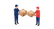 © Ophelia - Two people exchanging parcel boxes in isometric design on white background