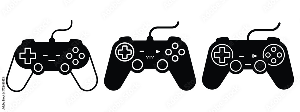 video game controller icon set, black color and white background Stock ...