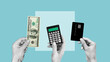© Andrii - Collage with hands holding tax calculator tool, credit card and cash dollar banknote of income. Count money of business and salary income accounting