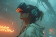 © Hadia - Futuristic cyberpunk woman immersed in virtual reality wearing advanced vr headset and headphones in neon lit environment