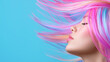 © ChaoticDesignStudio - A young woman with long, flowing hair dyed in pastel shades of pink, purple, and blue poses confidently against a solid blue background, exuding a sense of style and individuality