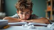 © Leonardo - Niño con la cabeza entre las manos, libros de texto abiertos a su alrededor, abrumado por las tareas escolares, expresión ansiosa