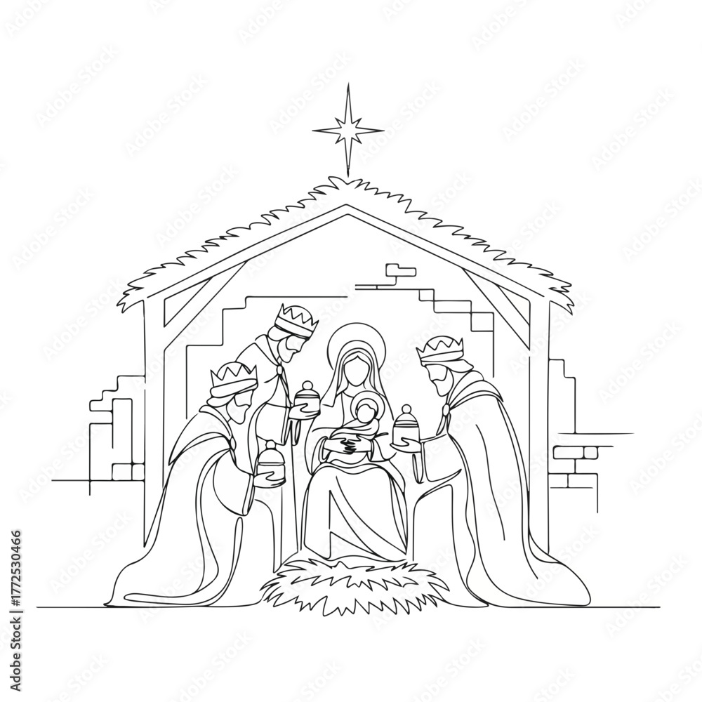 Nativity scene with Holy Family and three wise men depicted in a single ...