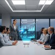 © BayuP - Dynamic Business Meeting Featuring a Futuristic Holographic Display for Advanced Data Analysis and Collaboration
