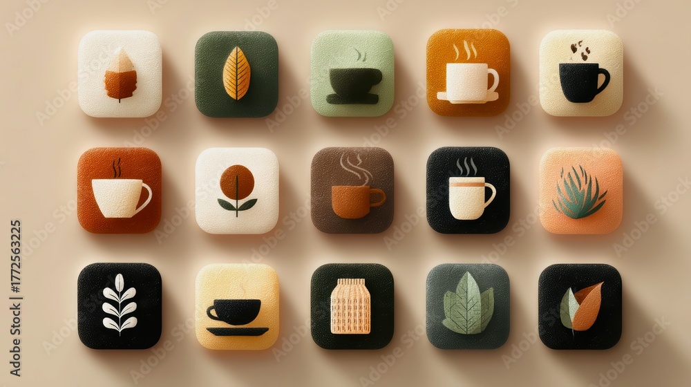 A collection of coffee icons with leaves and cups. The icons are colorful and have a rustic feel
